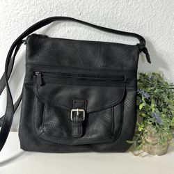 MultiSac Crossbody Bag Purse Black Textured Vinyl Medium Pockets Zipper Boho 