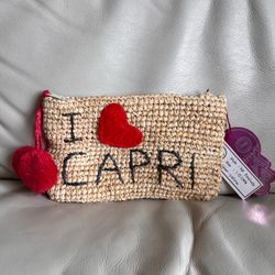Woven Raffia I Love Capri Red Heart Pouch Natural Zip Pochette Pom-Pom Tassels