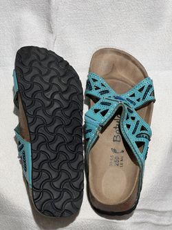 Birkenstock “Betula” - teal straps with blue beads and white sewing