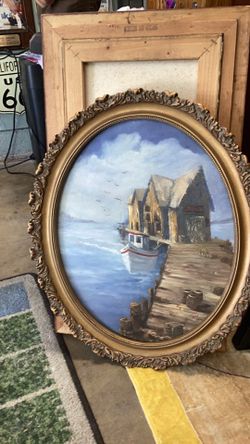Nautical style pier view coastal style baroque wood painting frame23 x18 inches