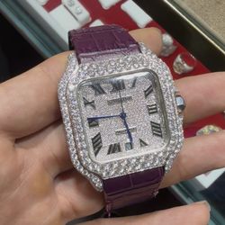 Santos Style – Purple Strap / Fully Iced Moissanite