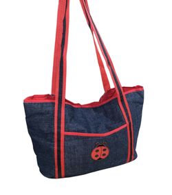 Handmade denim tote bag with red trim and a ladybug appliqué. 16”x 10”x 5” New