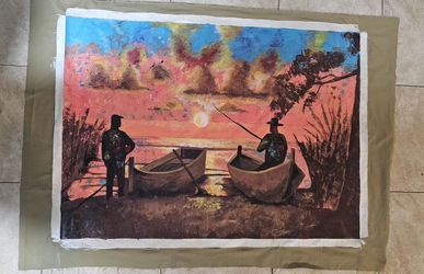 Oil Painting On Canvas "Two fishermen at sunset" by Andema Jean Hugues. 34x47