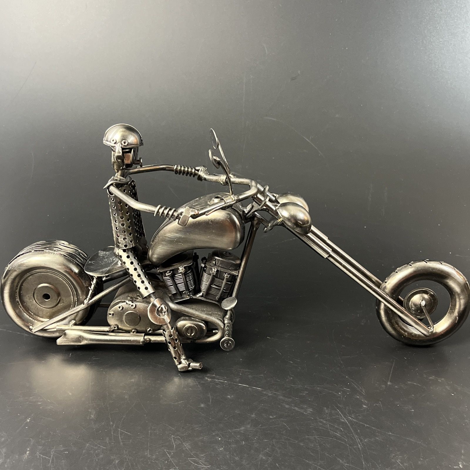 Chopper Motorcycle Sculpture Art Figurine Metal Nuts Bolts Rider Steampunk 15"