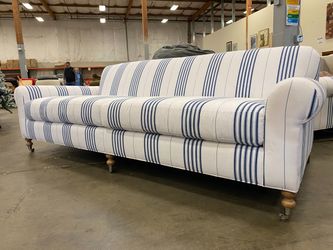 SERENA & LILY Custom Upholstered Cambridge Sofa in Perennials Lake Stripe White/Navy