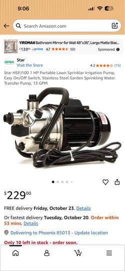 Star HSPJ100 1 HP Portable Lawn Sprinkler Pump