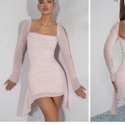 Prom! Graduation! Birthday! Party -Long Sleeve Embellished Cowl Neck Mini Dress in Blush