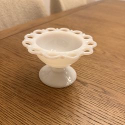 Vintage Milk Glass Open Lace Pedestal Compote Dish