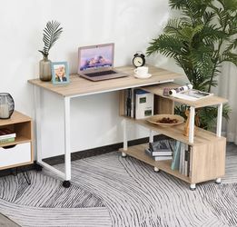 White/White Oak Rotating L-Shape Desk w Bookshelf Storage