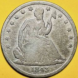 1843 U.S. SEATED LIBERTY SILVER HALF DOLLAR 50c COIN (Fine)