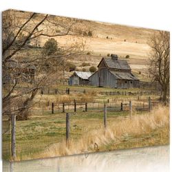 Framed Rustic Farmhouse Canvas Wall Art Vintage Barn Landscape 24x16 Inch Ready to Hang