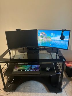 Black Glass Computer Desk with Sliding Keyboard Tray and Built-In Power Outlet & USB Charging Port