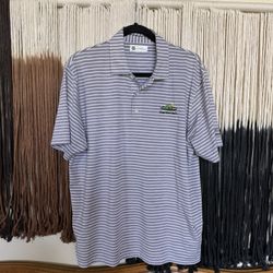 Grey and white Kings River Golf and Country Club 2022 Men’s Invitational striped golf polo with embroidered logo on the left chest and left arm