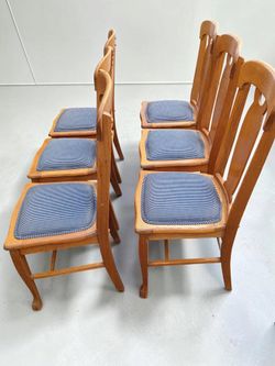 "Vintage Set of 6 Oak Dining Chairs with Blue Striped Cushions-#1202 "