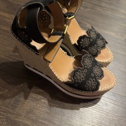 See by Chloe Black Suede and Leather Floral Lasercut Espadrille Wedge Sandals