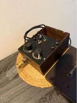 Vintage 1920s Crystal Radio Receiver in Wooden Case with Edison-Style Lamp Mod