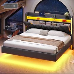 King Size Black Faux Leather Bed Frame with LED Lights & Charging Station