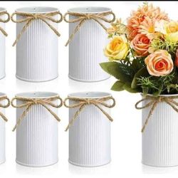 0730: 6 Pcs 4.33 Inch High Farmhouse Vase Decor Vintage Flower Vase with Twine Bow Rustic Galvanized Metal Vases for Artificial Flowers for Table 