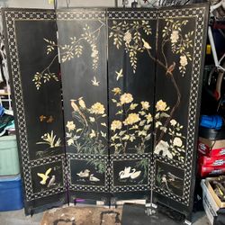 Black Lacquer 4-Panel Asian Folding Screen Room Divider