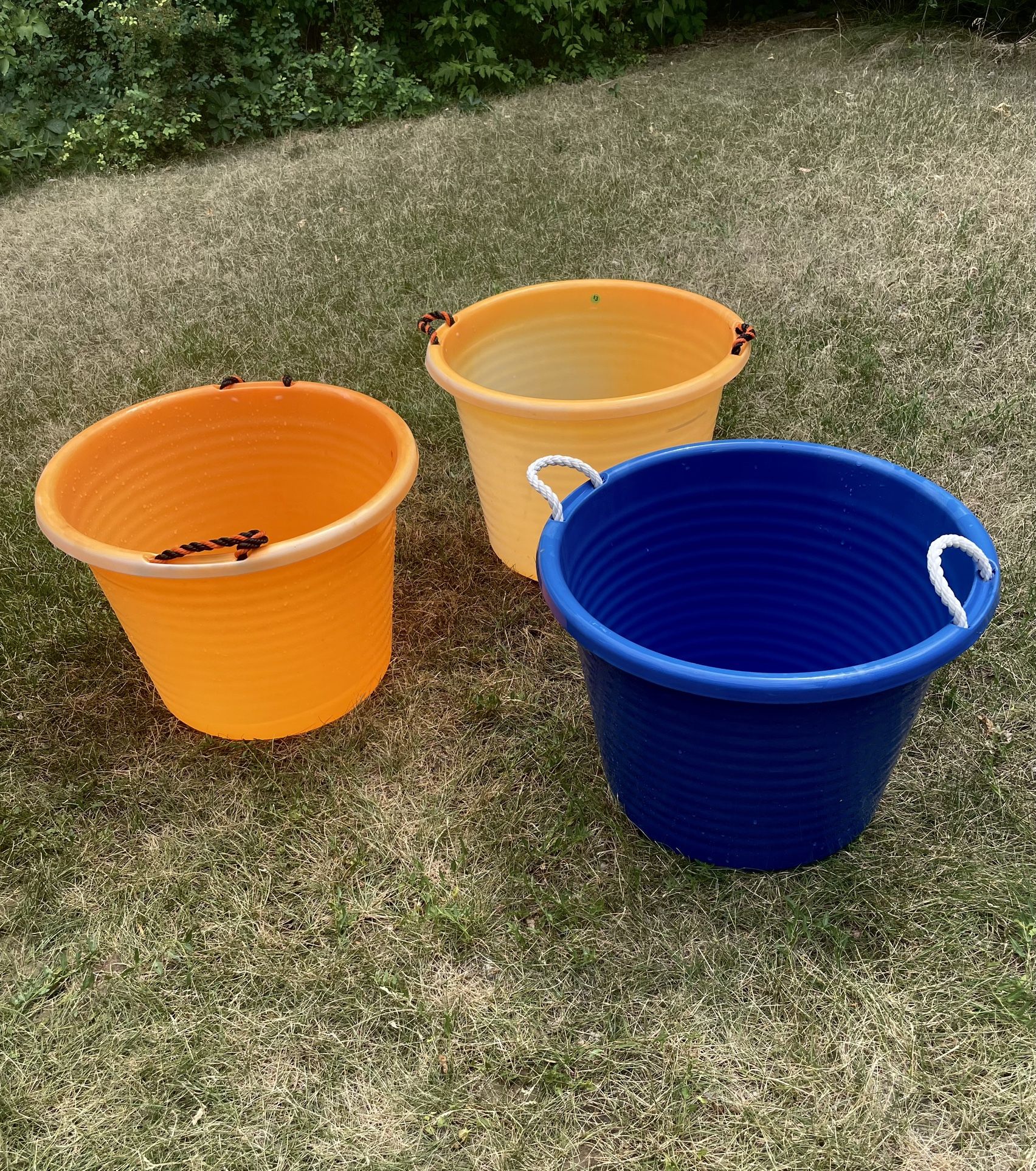 Three 17 Gallon Plastic Tubs With Rope Handles