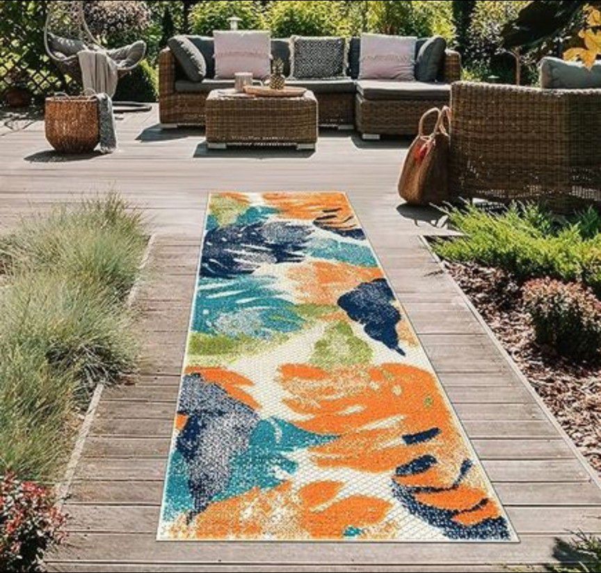 Runner Rug 2'x7' Palm Leaves Floral Orange/Blue See Our Other Rugs NEW