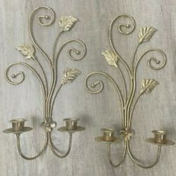 2 Double Candle Leaf Scroll Brass Sconces
