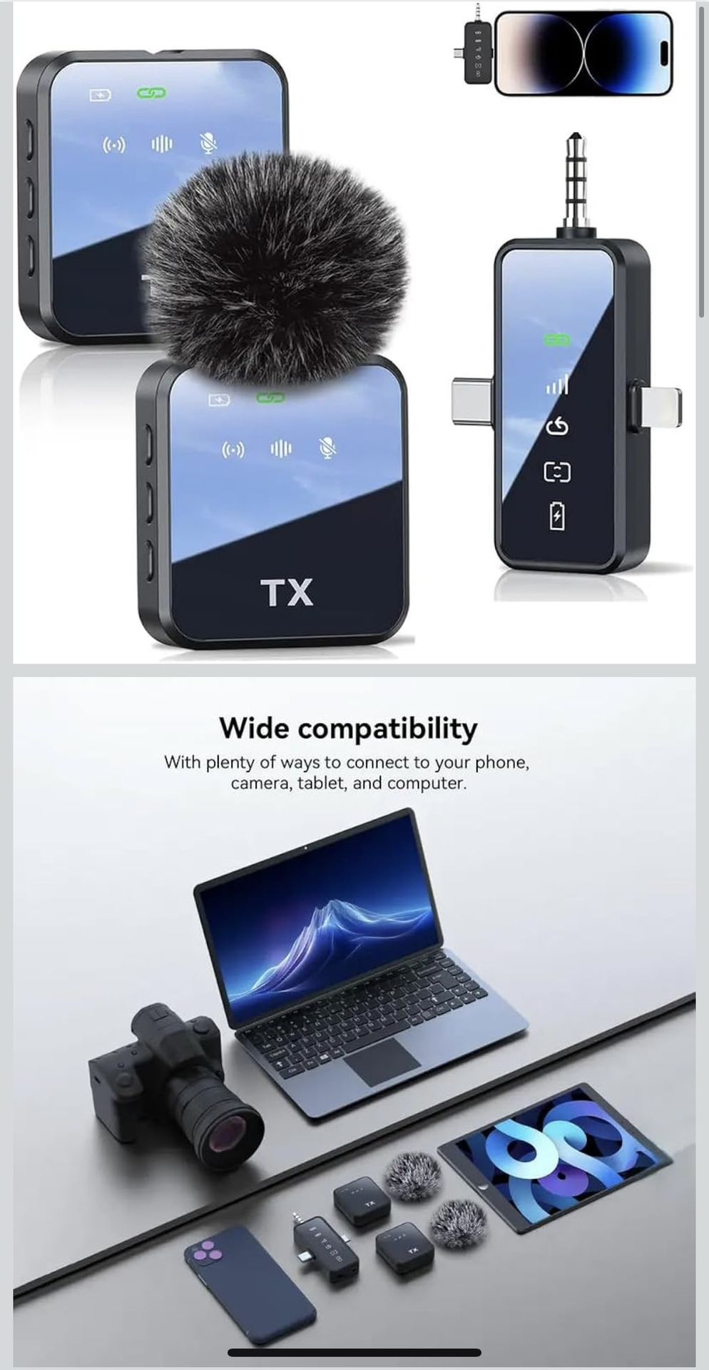 3-in-1 Mini Microphone for iPhone/Android/Camera, Hi-Fi Audio, 48kHz/24-bit, Wireless Microphones, 328ft Range, 20H Battery, Lapel Mic with Noise Redu