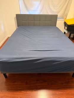 Gray Upholstered Bed Frame with Headboard and mattress