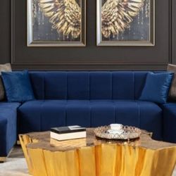 Elisha Navy Velvet Double Chaise Sectional,seccional, Couch