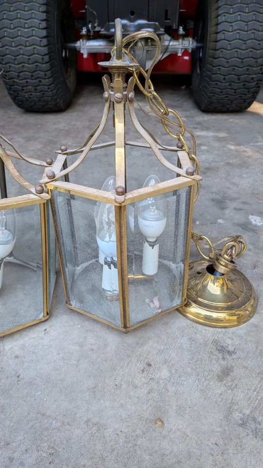 2 Vintage Brass Hanging Lantern Lights