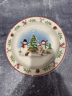 Holiday Dinner Plate 10.5” Snowman Family W/ Christmas Tree - Candy Cane Holly *