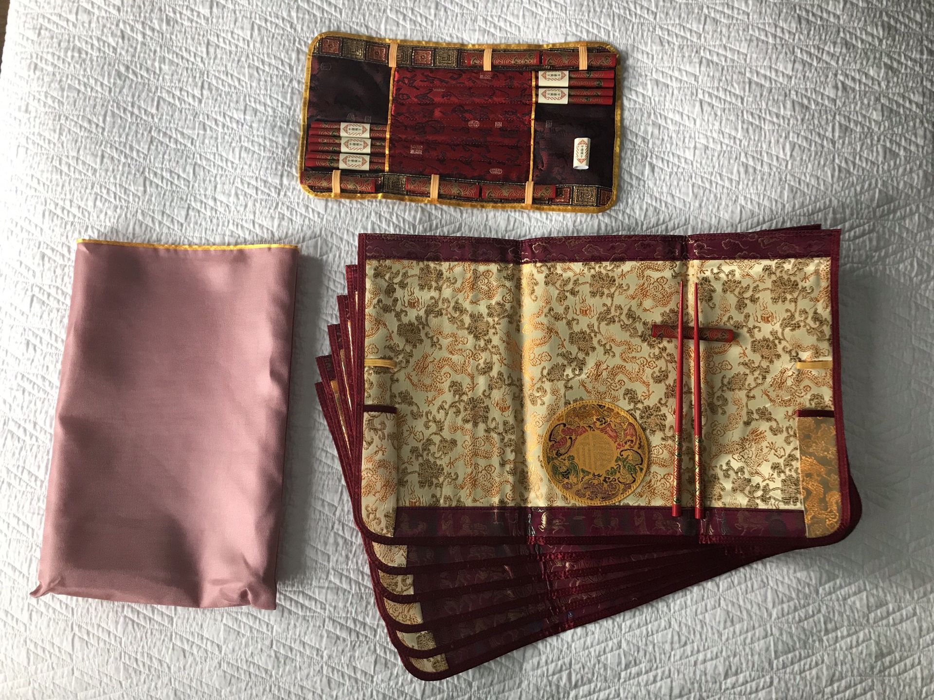 NEW set of 6 silk placemats with chopsticks, holders, stands