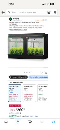 VIVOSUN S105 10x5 Grow Tent Large Mylar Tents 120"x60"x80