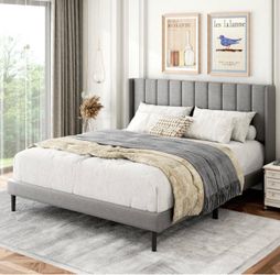 Gray Upholstered Platform Bed Frame queen