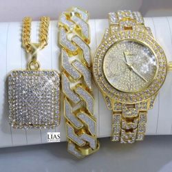 New 18k Yellow Gold Cuban Link Chain And Pendant ( Watch And Bracelet Not Included)