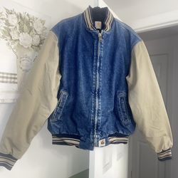 vintage Carhartt JQ0198 denim and khaki varsity bomber jacket