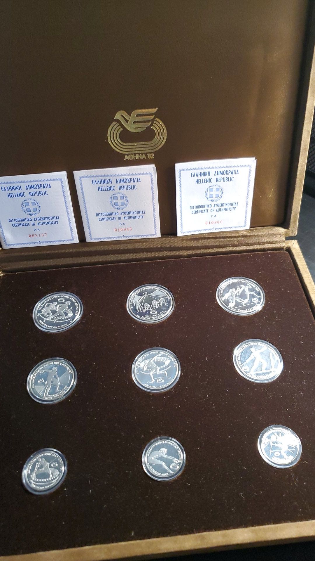 1982 Greece Olympic Silver Proof Commemorative 9 Coin Set in Display Case + COAs