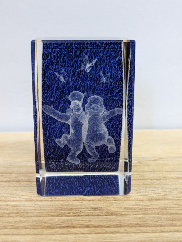 3D Laser crystal engraved cube paperweight Tigger and Pooh hugging with butterflies