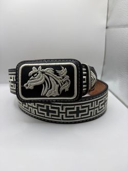 Size 32  Embroidered Horse Belt with Silver Buckle