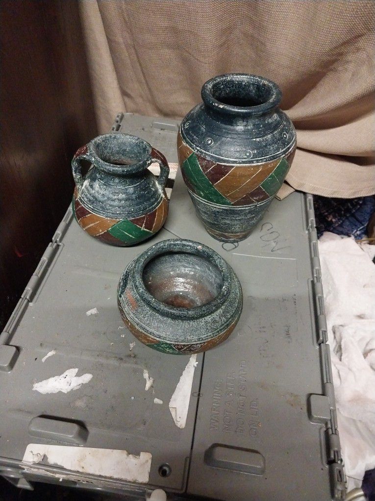 3 Matching Vintage Blue Clay Pottery Jars