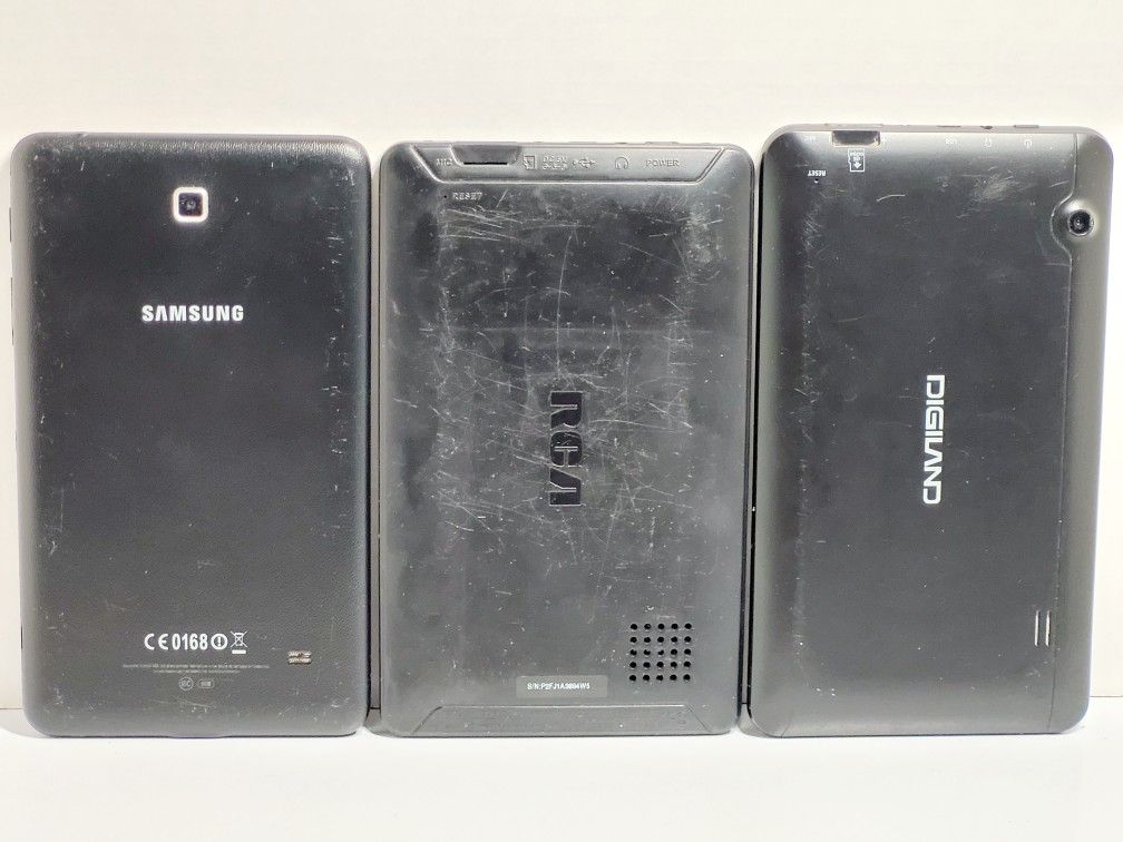 (Lot Of 3) Digiland/RCA/Samsung 7" Tablets NOT WORKING/PARTS REPAIR/ SOLD AS-IS/NO ACCESSORIES INCLUDED. The image shows three tablets. From left to r