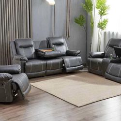 Black Leather Fully Reclining Three Piece Couch Set