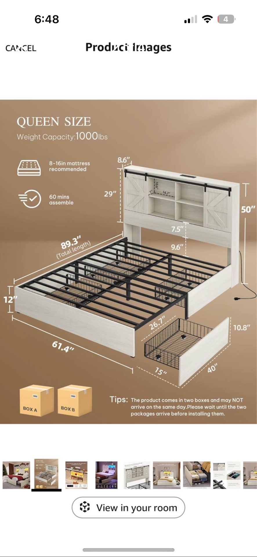 Queen Size Bed Frame with Storage Bookcase Headboard, Sliding Barn Door, 4 Storage Drawers, RGB LED