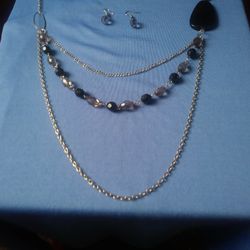 Beautiful Black And Silver Necklace And Earrings Set J8