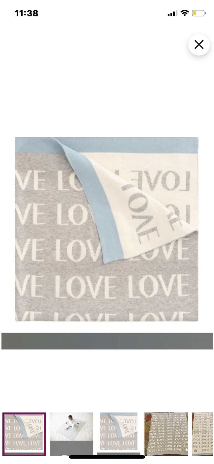 Baby Boy “Love” Blanket Reversible Gender Neutral Gray White Blue 100% Cotton Knit 30”x40”