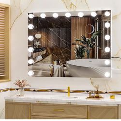 Hasipu Vanity Mirror with Lights, 31.5" x 23.6" Hollywood Mirror, Makeup Mirror with 18 Dimmable Bulbs and 10X Magnification, 3 Colors Modes, Touch Co