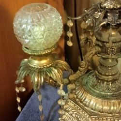 Pair Of Antique Lamps With Brass And Crystals