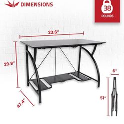 Origami Large Foldable Two-Shelf Desk, Sturdy Steel-Frame Laptop Computer Table, Black