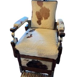 GORGEOUS Antique Hydraulic Barber Chair Rare Cowhide Upholstery 