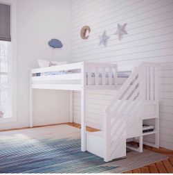 Used Max & Lily Low Loft Bed, Twin Bed Frame For Kids With Stairs, White